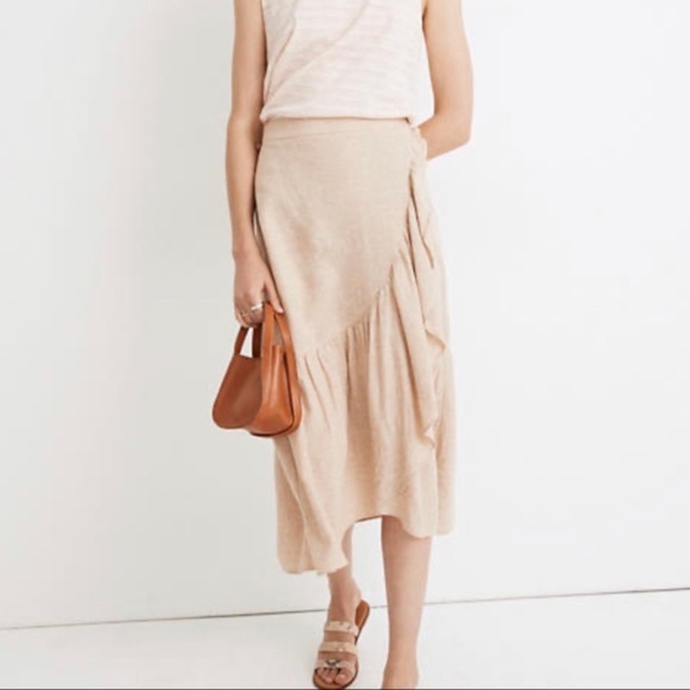 Madewell Linen-Blend Ruffle-Wrap Midi Skirt size 6 S M